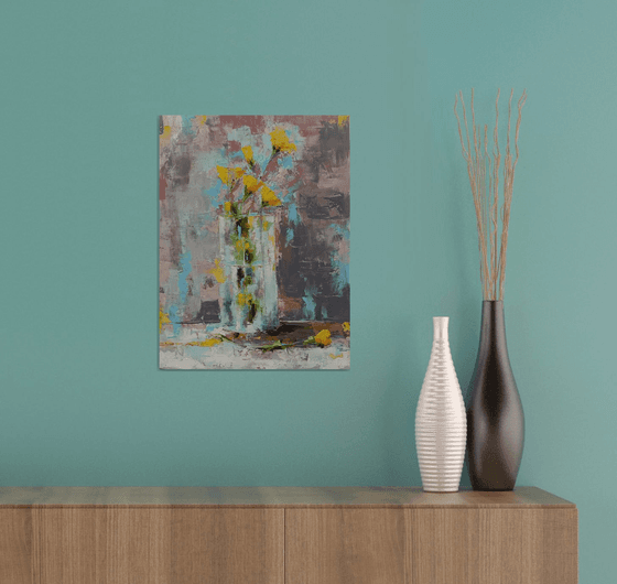 Modern still life painting. Abstract still life. Flowers for gift