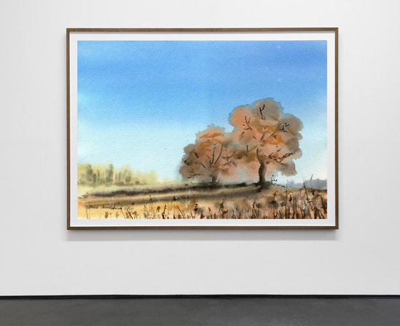 Autumn trees original artwork, blue sky and orange trees medium painting country landscape gift for her