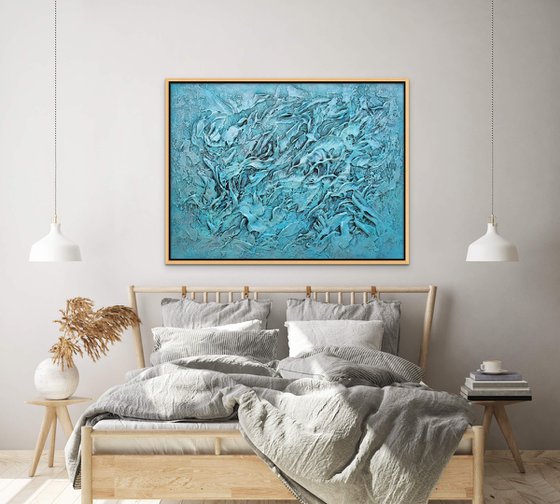 CORAL REEF. Large Abstract Blue Teal Silver Textured Painting 3D