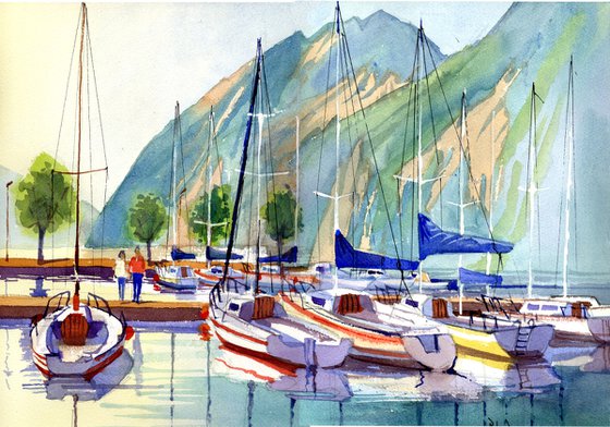 Riva del Garda, Harbour, Marina. Lake Garda, Italy. Boats and Mountains.