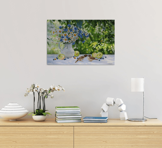 Daisies and Cornflowers with Sparrows