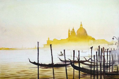 Golden Morning Venice - Watercolor on Paper by Samiran Sarkar