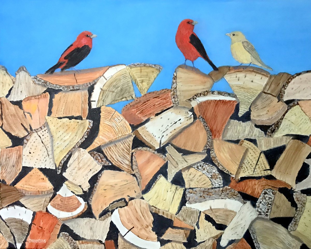 Impressionistic Animal Oil Painting By Leslie Dannenberg, 30 X 24", Scarlet Tanagers, Original Artwork