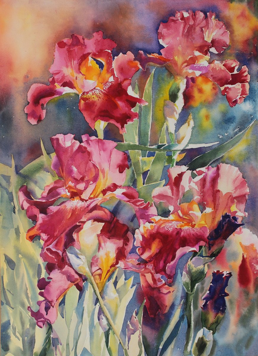 Impressionistic Botanical Watercolour By Yurii Pashkov, 22 X 30", Red Irises#2, Original Artwork