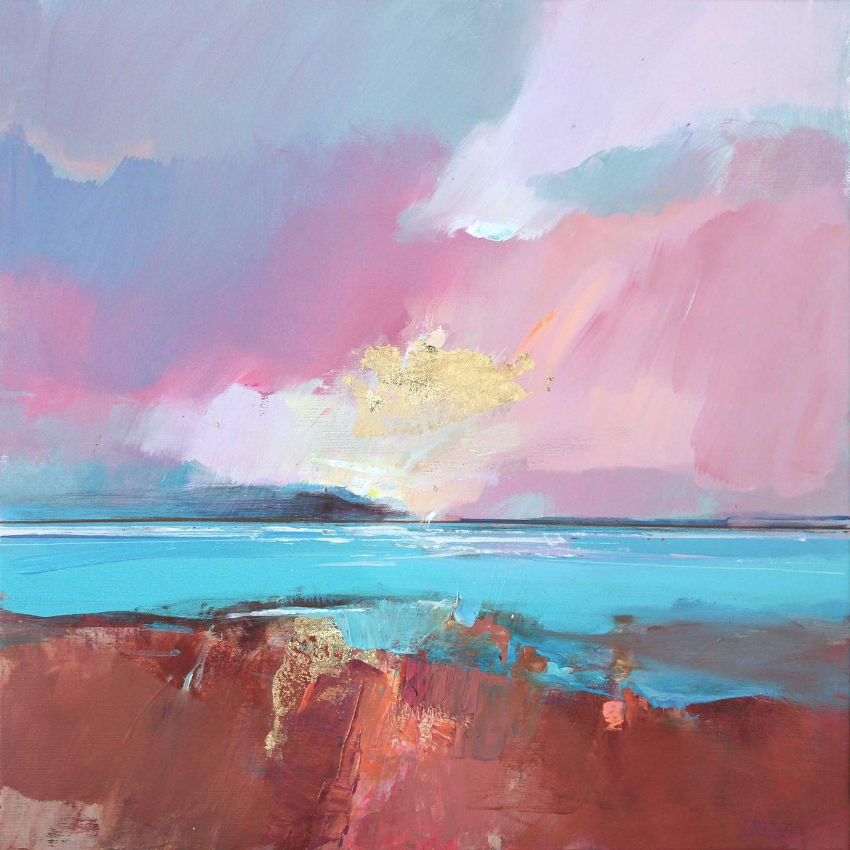 Abstract Landscape Acrylic Painting By Magdalena Morey, 24 X 24", Watching The Quiet Shore 1, Original Artwork