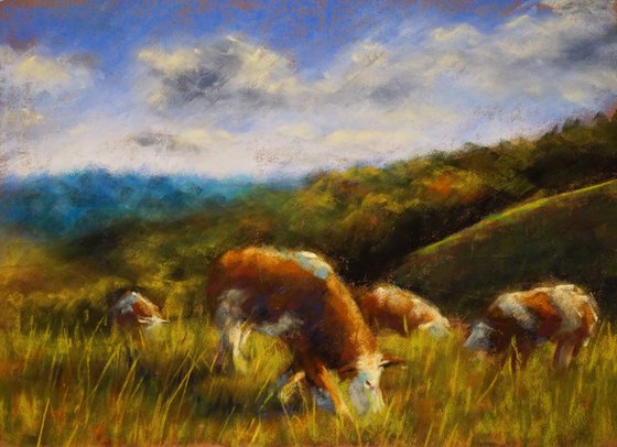 Cows pasturing, Haloze, Slovenia | Original pastel painting