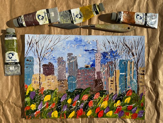 New York Painting Cityscape Original Art Tulips Oil Artwork NYC Home Wall Art 12 by 8" by Halyna Kirichenko