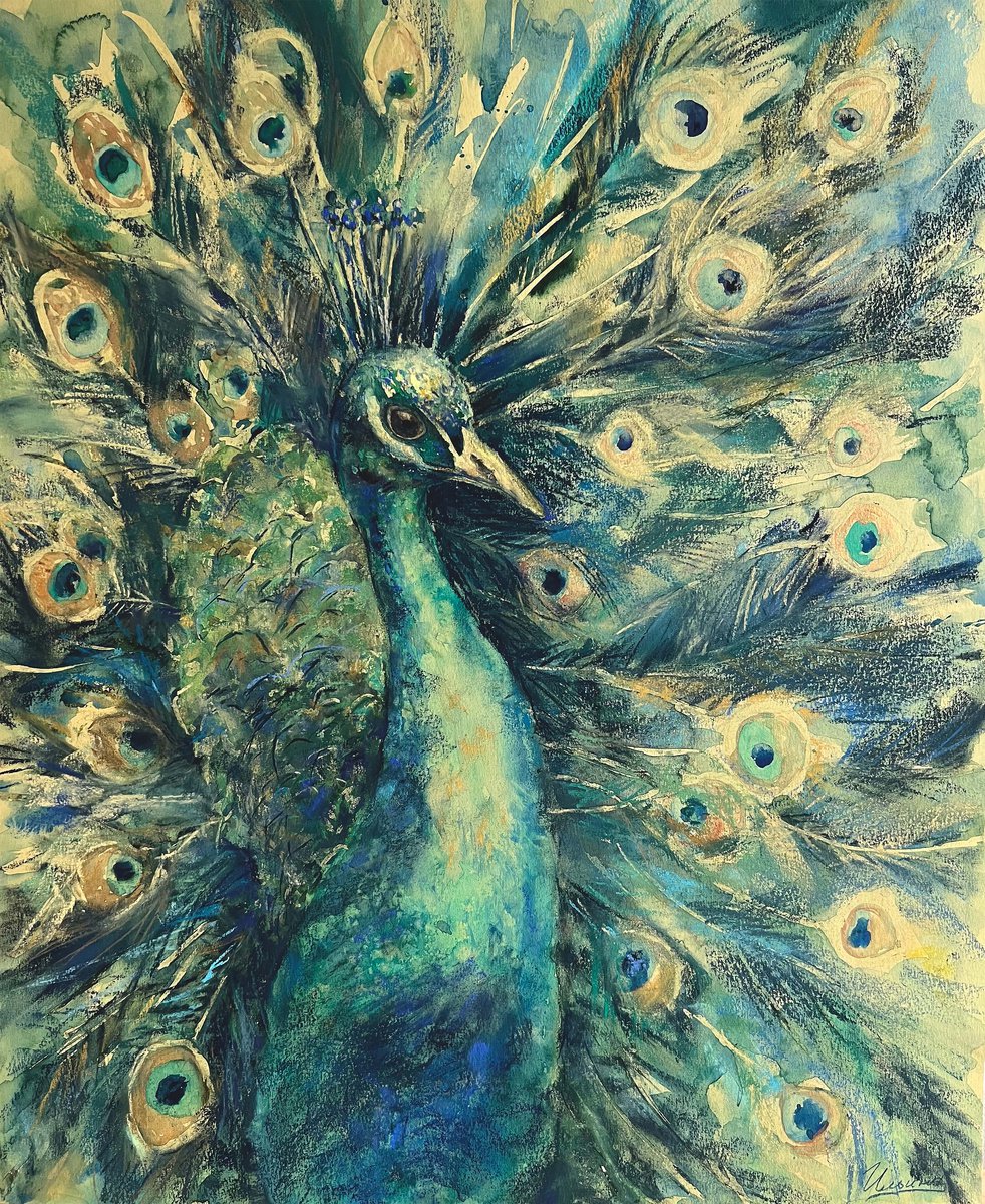 PEACOCK- Pastel and watercolor drawing on paper, original gift, fairy tale, painting in th... by Tatsiana Ilyina