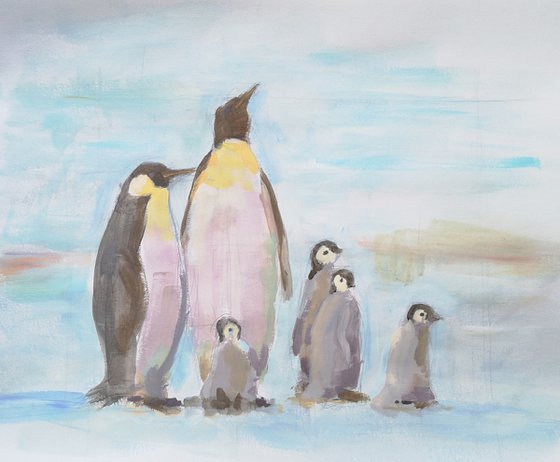 "Penguins" ( acrylic on paper) (13.5x17×0.1'')