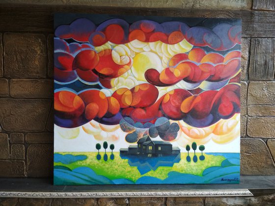 Sunset (80x90cm, cubism, oil painting, ready to hang)