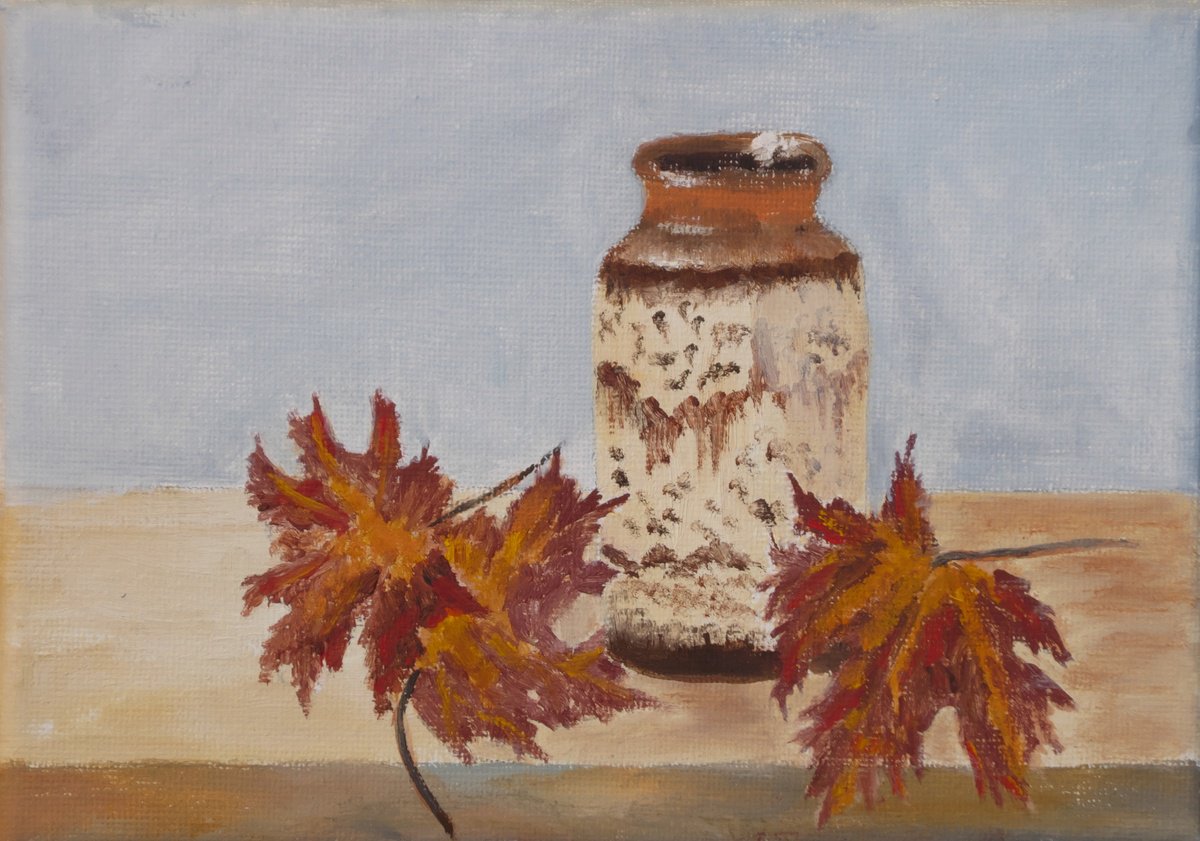 Impressionistic Still Life Oil Painting By Maddalena Pacini, 7 X 5", Autumn Leaves, Original Artwork