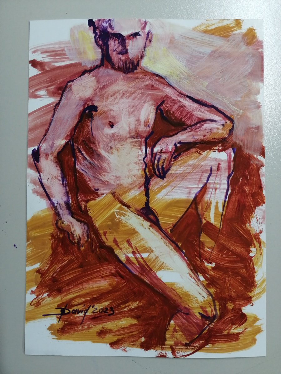 Male nude study oil on paper by Olga David