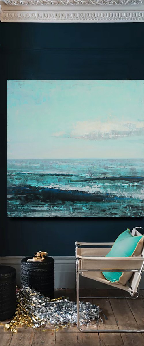 Teal Blue Ocean 48x48" Oil Acrylic by Bo Kravchenko by Bo Kravchenko