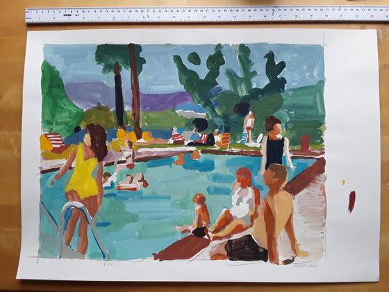 Lake scene with yellow bathing suit