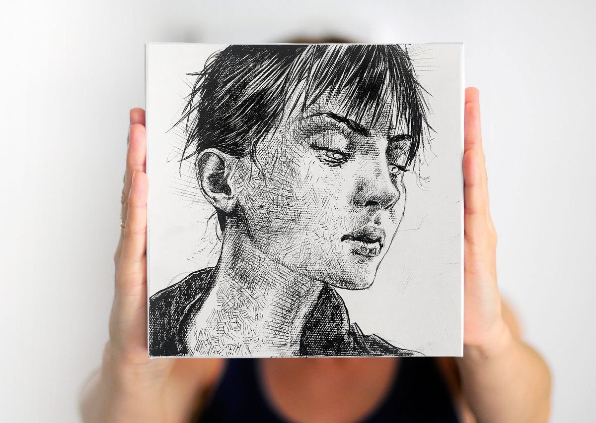 Expressive Portrait Ink Drawing By Dario Moschetta, 8 X 8, Portrait 202, Original Artwork