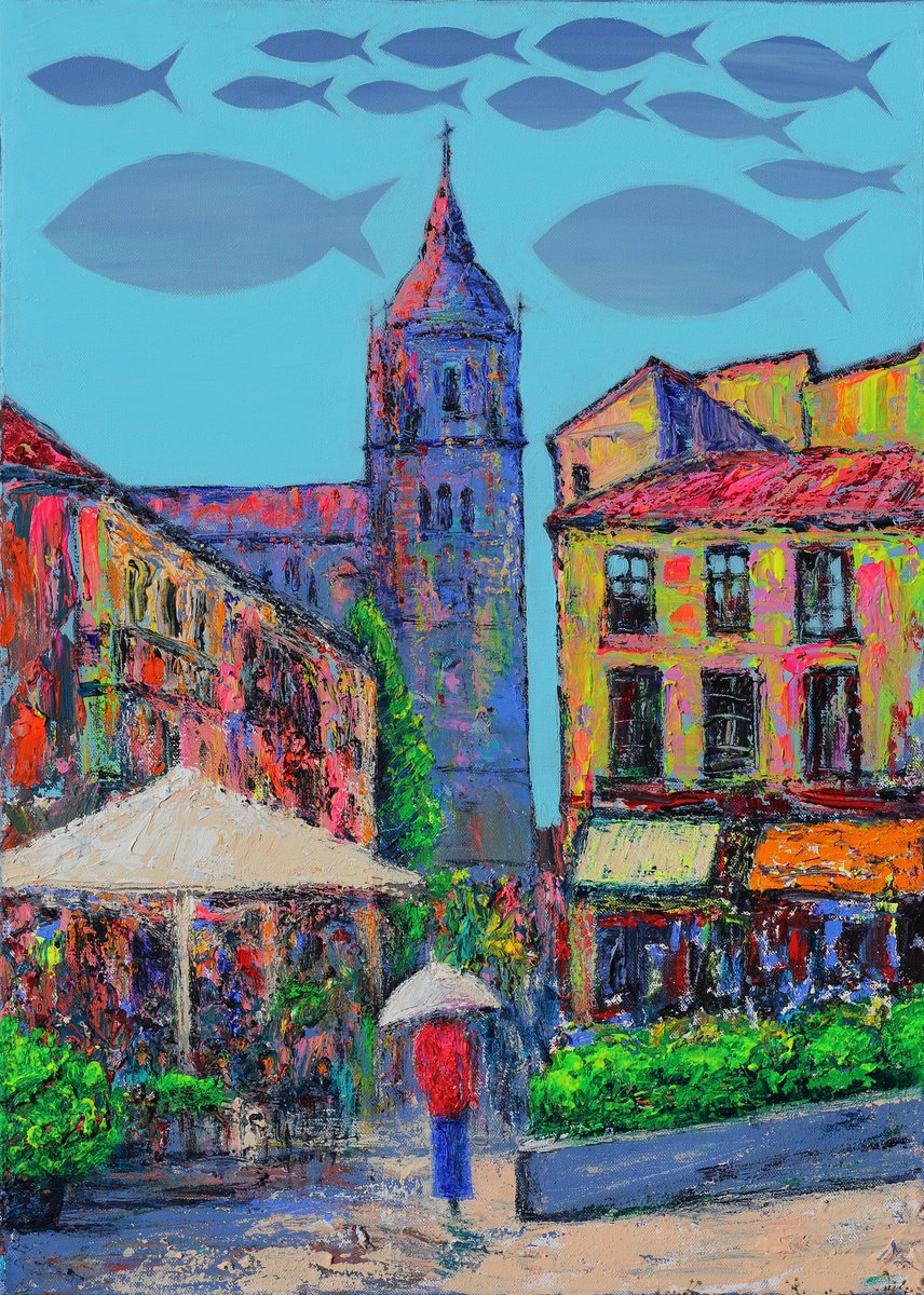 Impressionistic Cityscapes Acrylic Painting By Denys Kuvaiev, 20 X 28, Salamanca Fish, Original Artwork