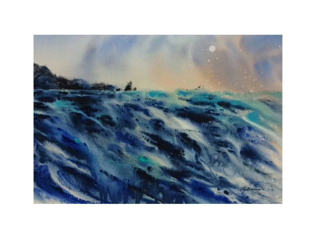 Impressionistic Abstract Watercolour By Olga Drozdova, 30 X 22", White Moon, Original Artwork