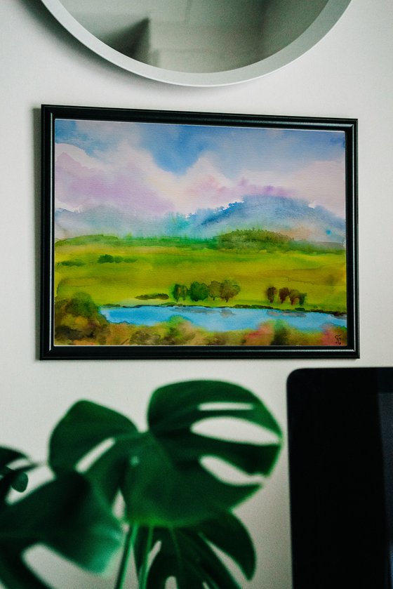 Landscape Original Watercolour Painting, Mountains Wall Art, Large Green Artwork