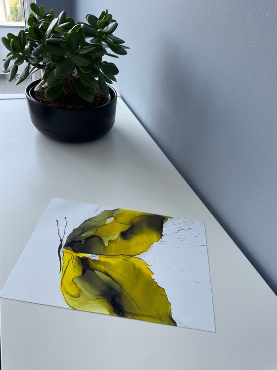 YELLOW BUTTERFLY - alcohol ink , plastic paper
