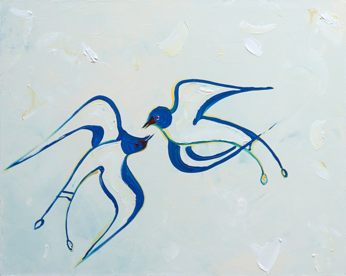 Abstract Animal Oil Painting By Jelena B, 30 X 24, Swallows From Crete 30X24In (76X60Cm), Original Artwork