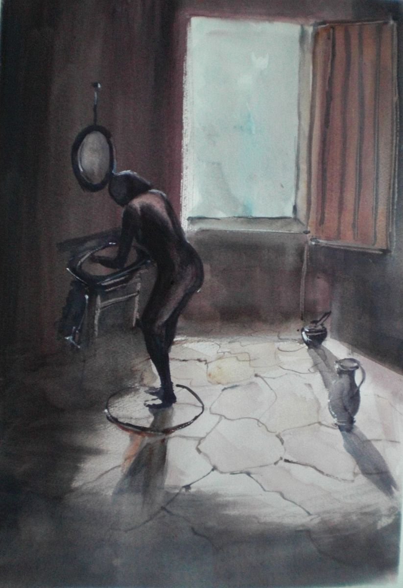 Expressive Portrait Watercolour By Giorgio Gosti, 13 X 19, At The Sink, Original Artwork