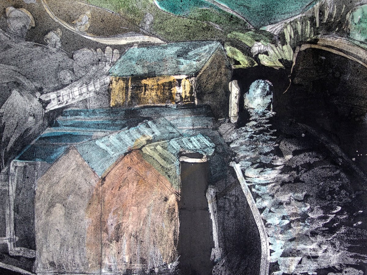 Abstract Landscape Ink Drawing By Elizabeth Anne Fox, 28 X 20, Canal And Chimneys, Original Artwork