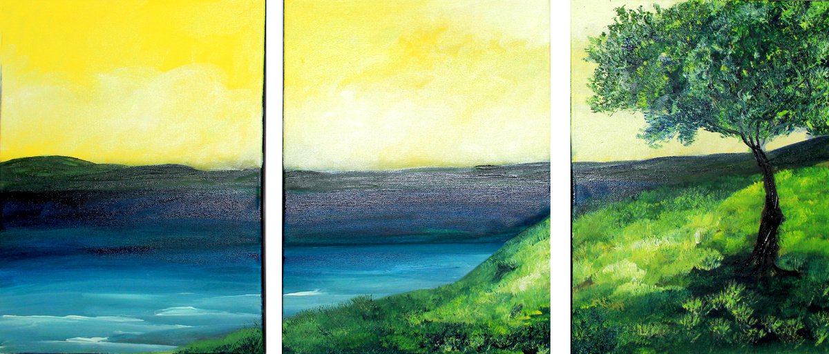 yellow sunset by the river Original oil painting on canvas by Olya Shevel