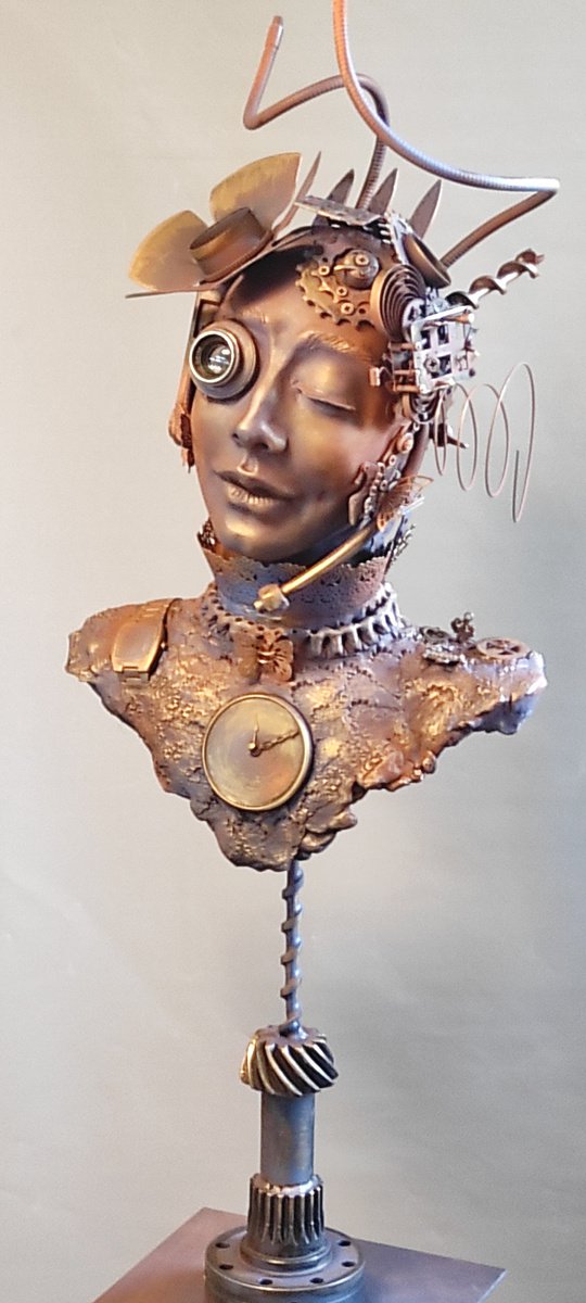 Surrealistic Portrait Clay Sculpture By Elena Kraft, 14 X 35, Steam Punk Lady, Original Artwork