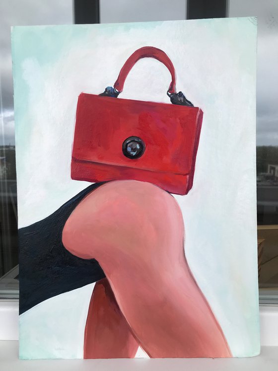 RED BAG - oil painting on cardboard, original gift, red, woman, nude, erotics, original gift, home decor, pop art, office interior