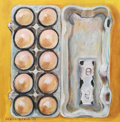 "Eggs in a Carton" Original Oil on Canvas Board Painting 12 by 12 inches (30x30 cm) by Katia Ricci