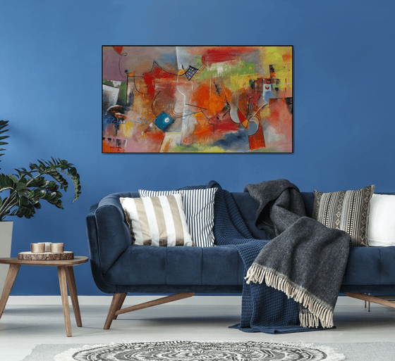 The Heat Of The Day, Large abstract painting, Original art, Oil on canvas, horizontal painting 82x145 cm, red tones