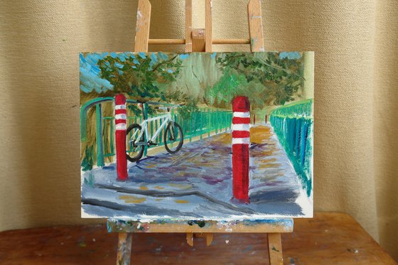 Bicycle on the bridge in the park. Pleinair painting