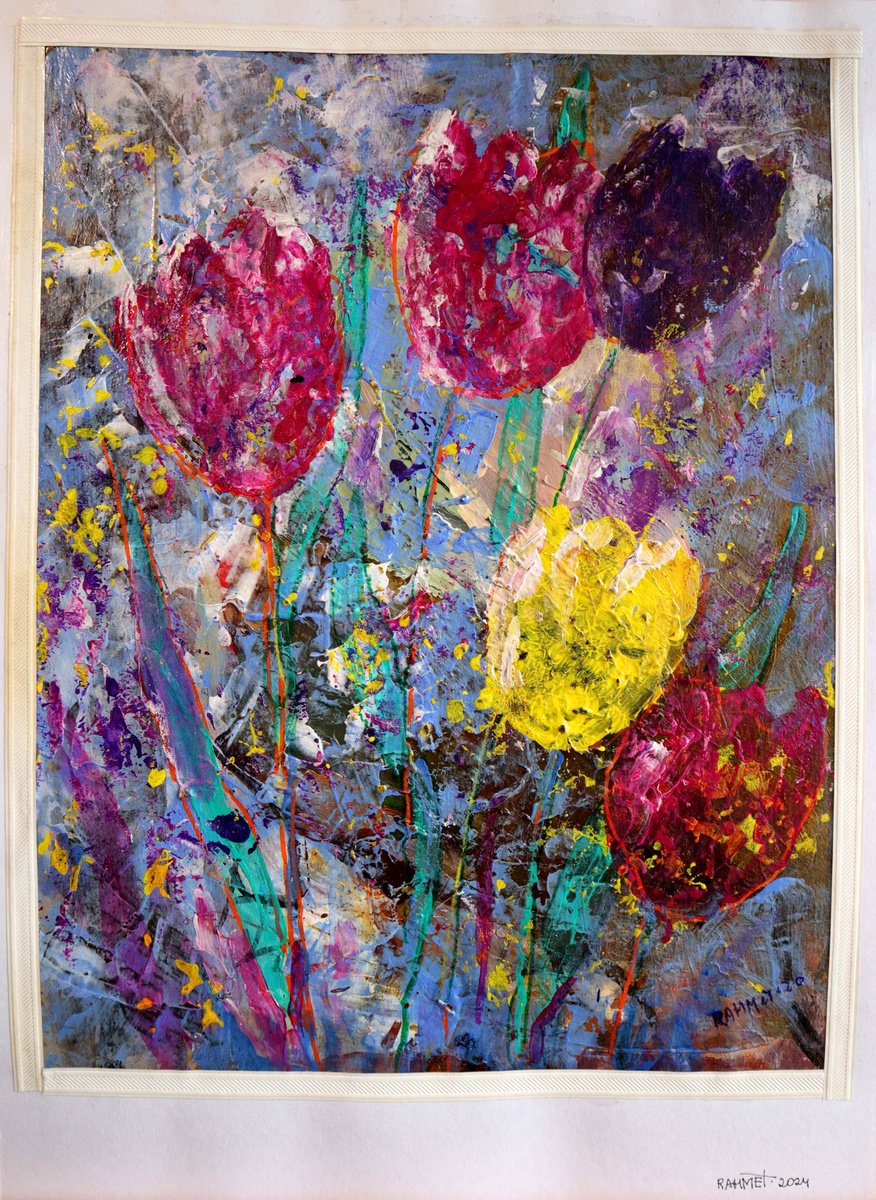 Impressionistic Botanical Acrylic Painting By Rakhmet Redzhepov, 17 X 23", Fantasy With Flowers 188, Original Artwork