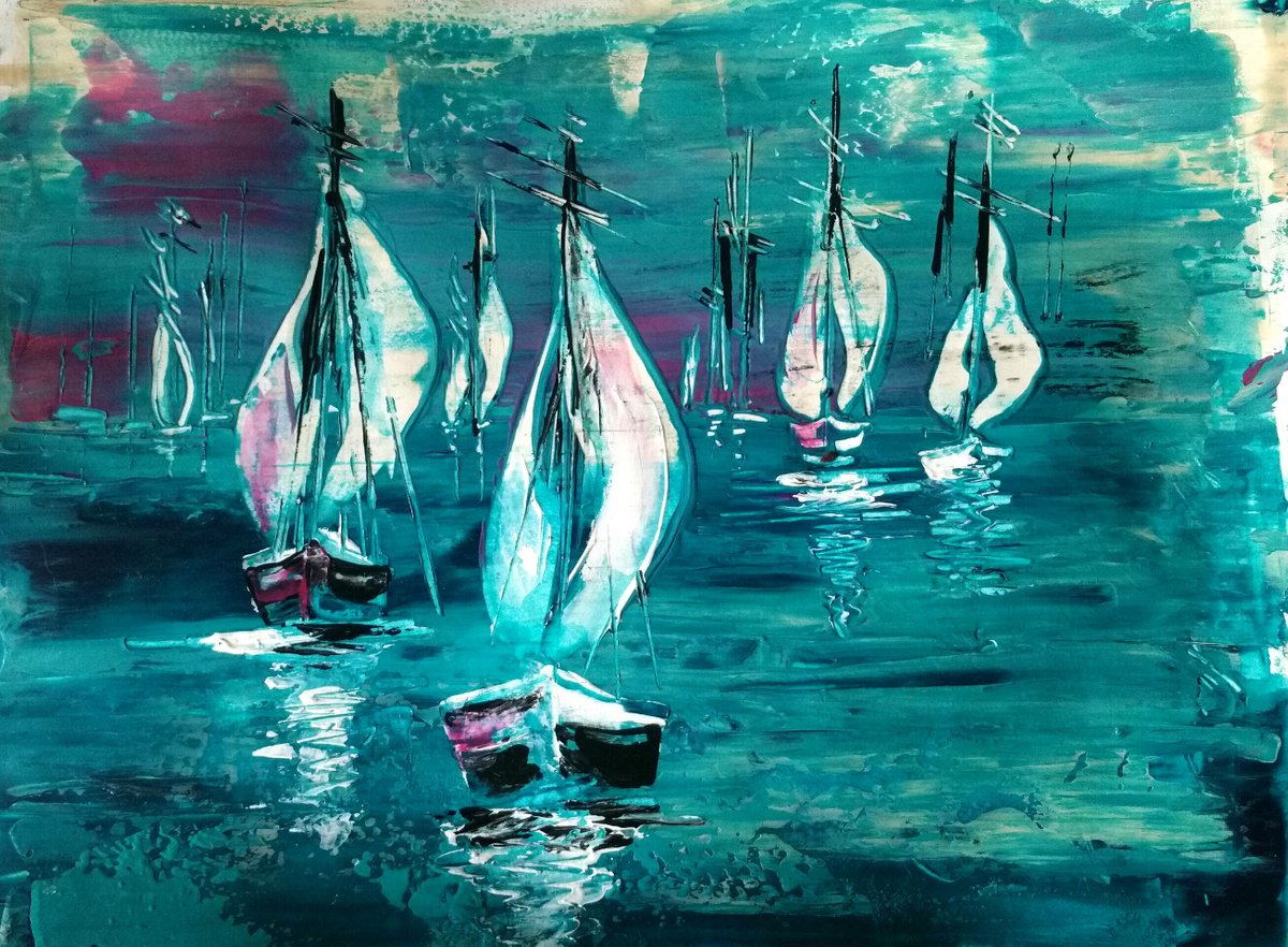 Expressive Landscape Painting By Elena Kraft, 14 X 11, Regatta I, Original Artwork