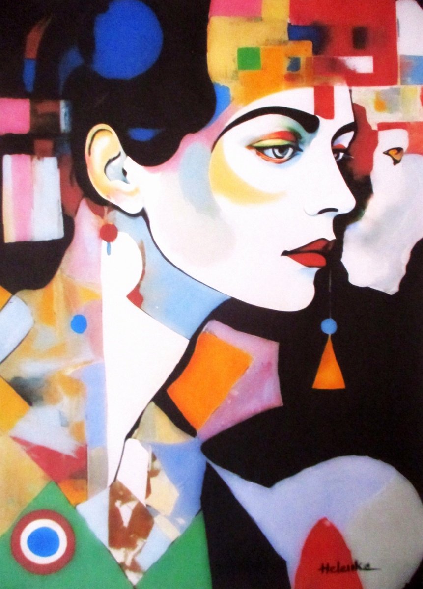 Geometric Portrait Acrylic Painting By Helena Wierzbicki, 22 X 31, The Architect Of Thought, Original Artwork