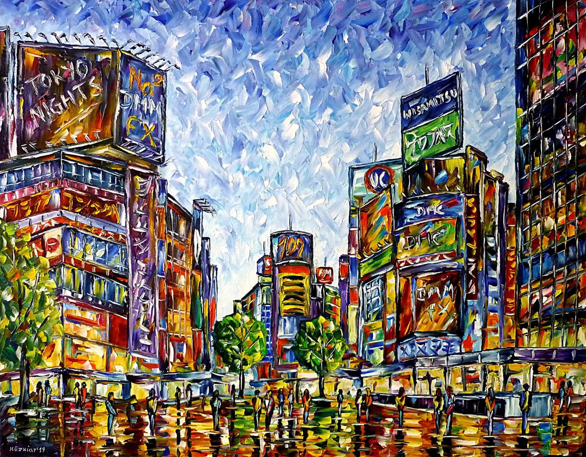 Expressive Cityscapes Oil Painting By Mirek Kuzniar, 35 X 28", Tokyo, Original Artwork
