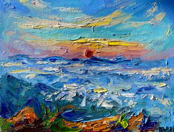 "Sunrise in Crimea mountains", 18*24cm, impressionistic oil mountains landscape etude painting