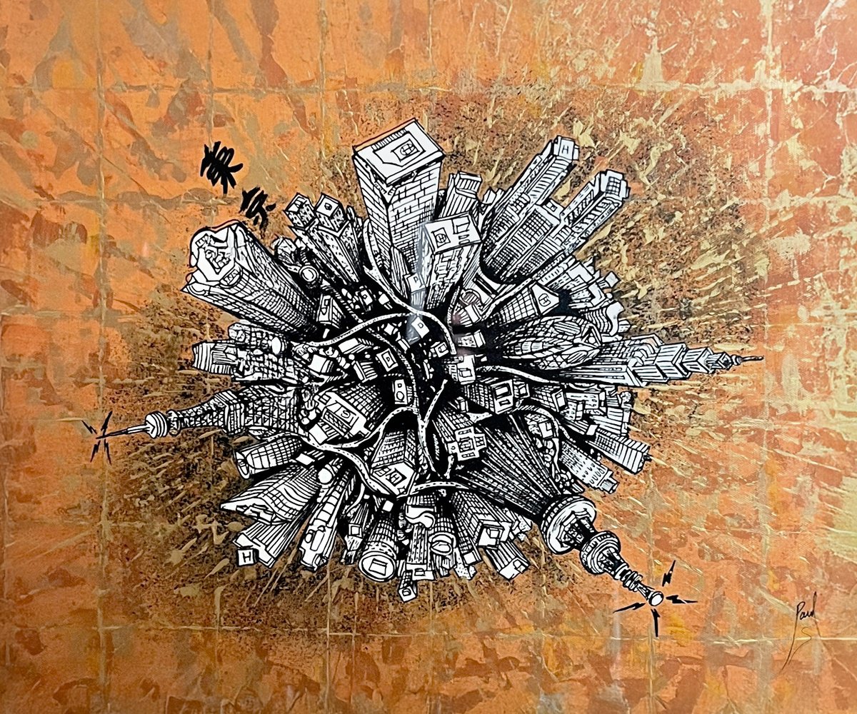 Urban And Pop Cityscapes Acrylic Painting By Pavs, 30 X 26", Tokyo Calligraphy, Original Artwork