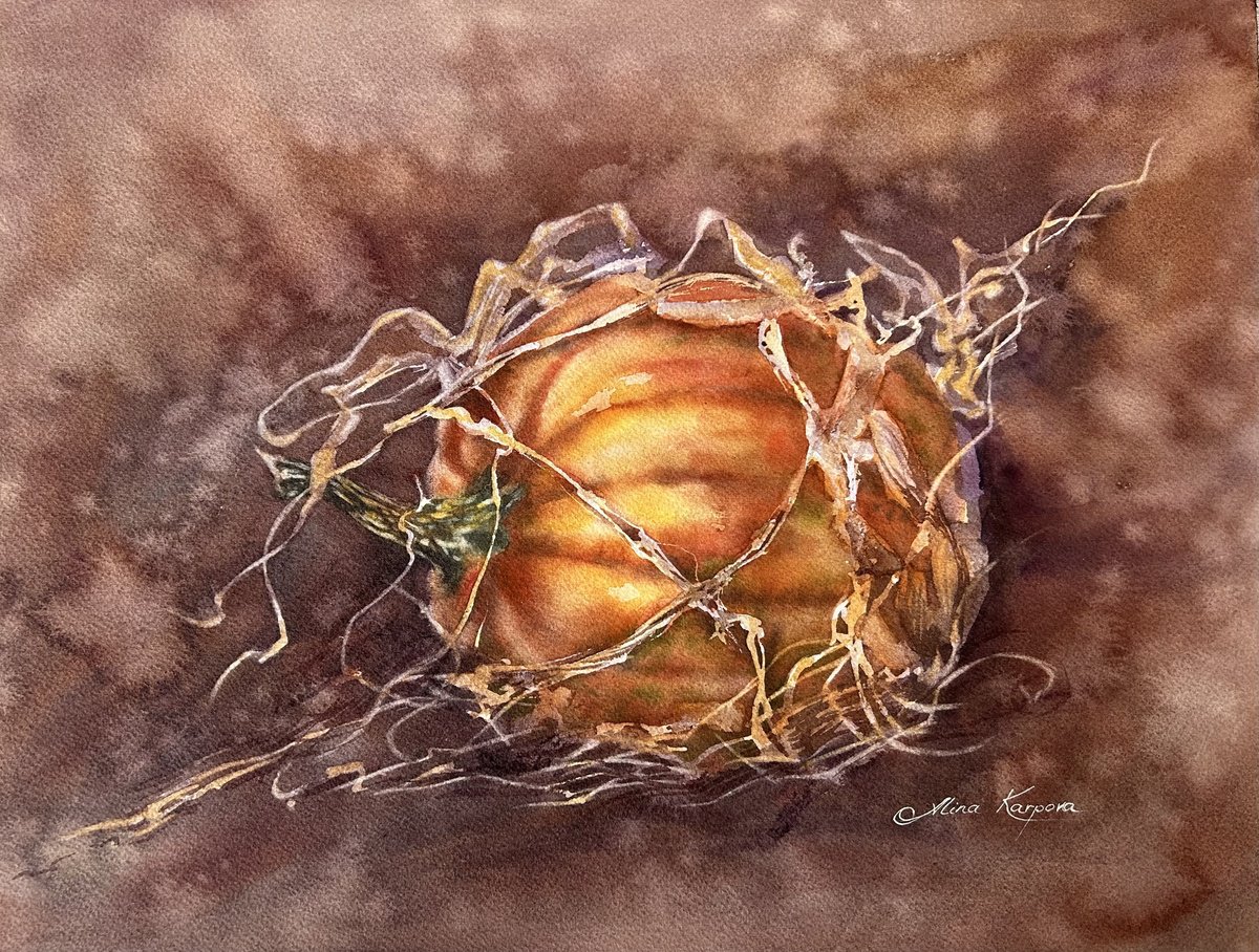 Impressionistic Still Life Watercolour By Alina Karpova, 16 X 12, Pumpkin And Hay, Original Artwork