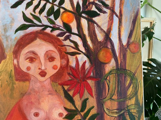 Sirens Art Modern Woman Nude, Bird Woman, canvas, oil - Garden guards 90x75 cm