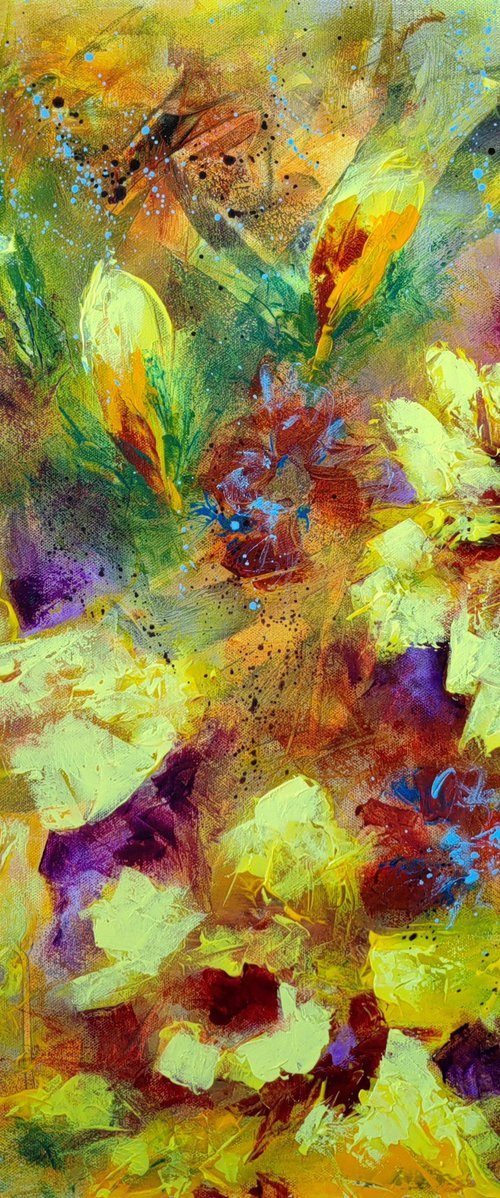 "Blooming Symphony: A Dazzling Daffodil Dance" from "Colours of Summer" collection, abstract flower painting by Vera Hoi