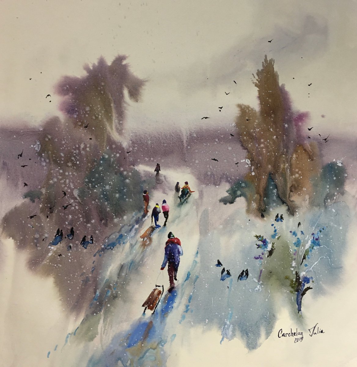 Watercolor -Winter childhood games-? perfect gift by Iulia Carchelan