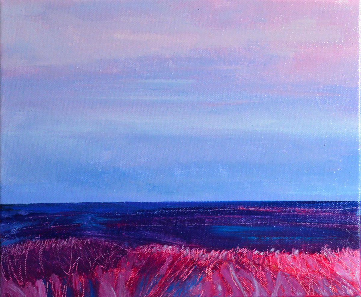 Expressive Landscape Oil Painting By Cristian Valentich, 12 X 10, Magenta Sunset, Original Artwork