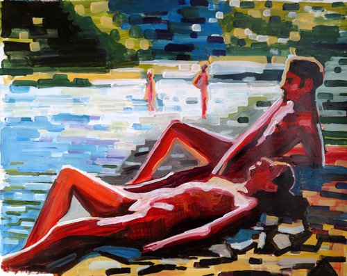 lake scene with bathers 2 by Stephen Abela