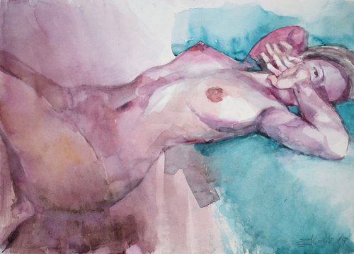 Nude in violet and green by Goran Žigolić Watercolors