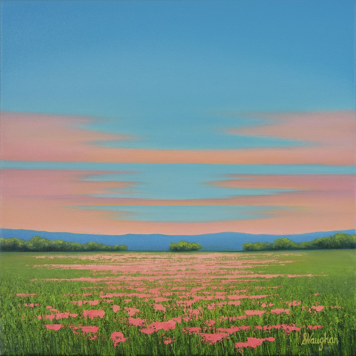Impressionistic Landscape Oil Painting By Suzanne Vaughan, 12 X 12", Pink Flowers - Flower Field, Original Artwork