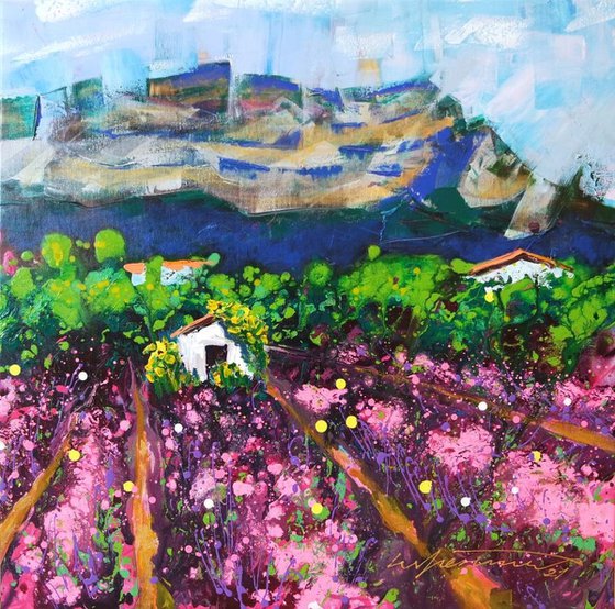 'LAVENDER FIELDS IN SAOU, FRANCE' - Large Acrylics Painting on Canvas Ready to Hang