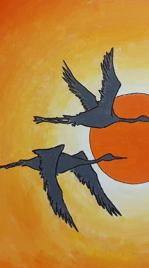 cranes flying over the sun by Colin Ross Jack