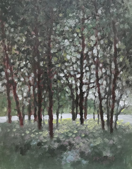 Original Oil Painting Wall Art Signed unframed Hand Made Jixiang Dong Canvas 25cm × 20cm lights dancing in the woods landscape Small Impressionism Impasto