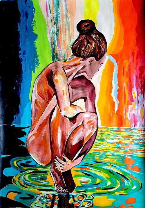 The girl at the water source (2023)  Acrylic painting  by Sanja Jancic by Sanja Jancic